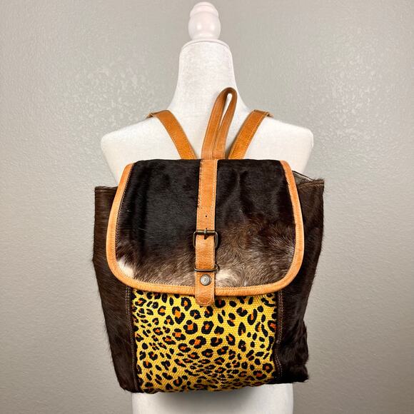 Hopofly Backpack Bag Genuine Calf Hair Leather Accents Leopard Print Bohochic - Picture 1 of 13